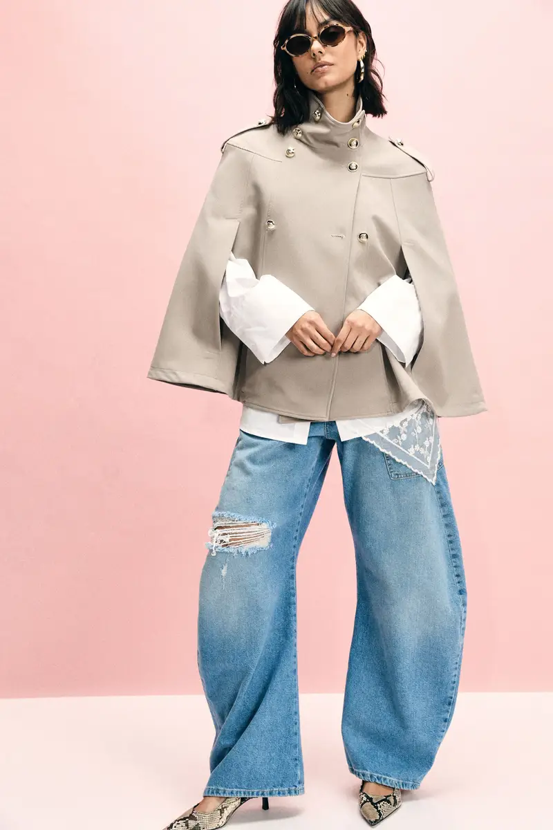 Cappotto a mantella doppio petto con spalline Beige miniatura 2