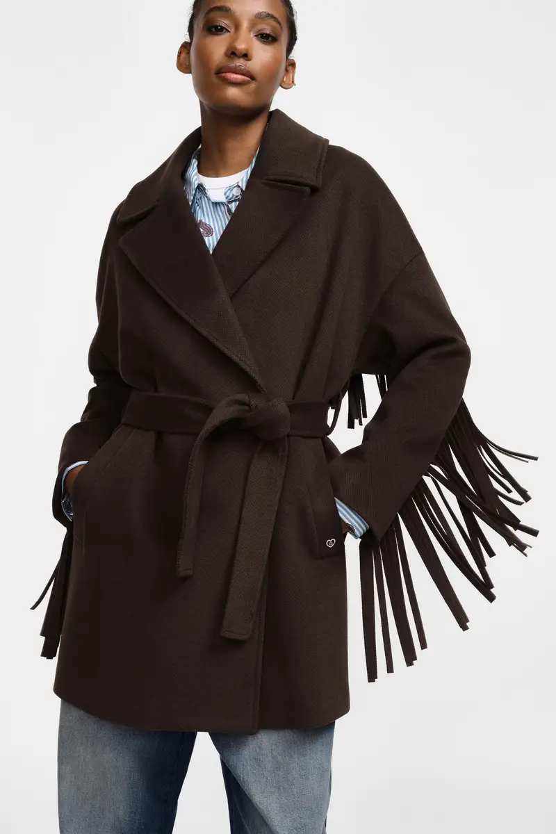 Cappotto con frange e cintura Cioccolato miniatura 2