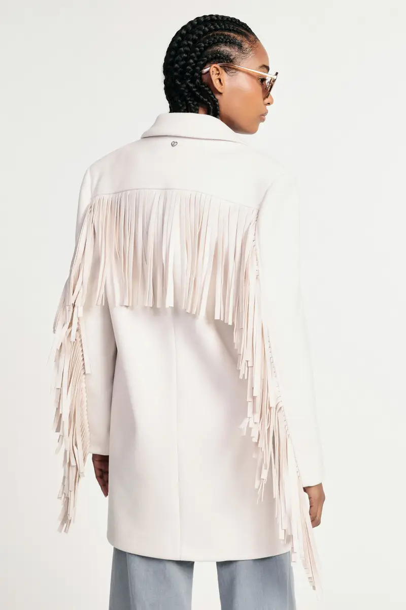 Cappotto con frange maniche e chiusura a bottoni Panna miniatura 3