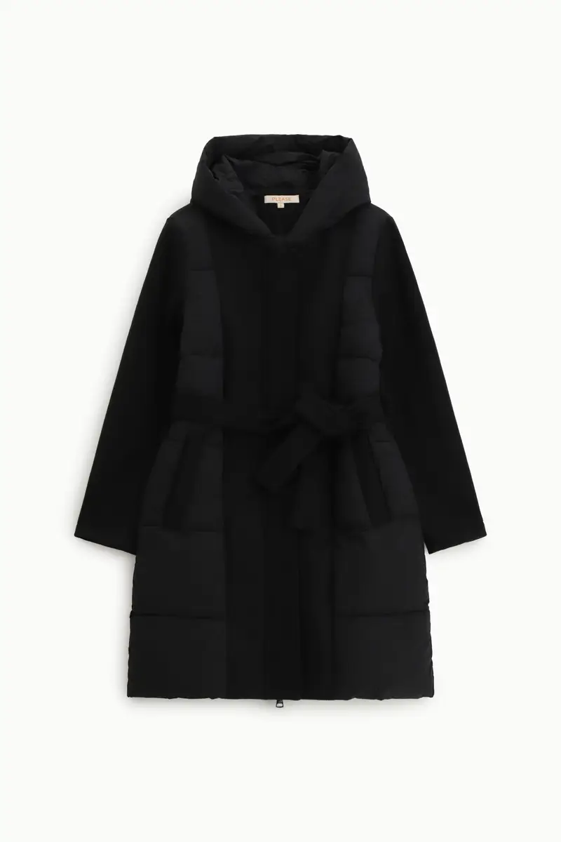 Cappotto imbottito con cappuccio e cintura Nero