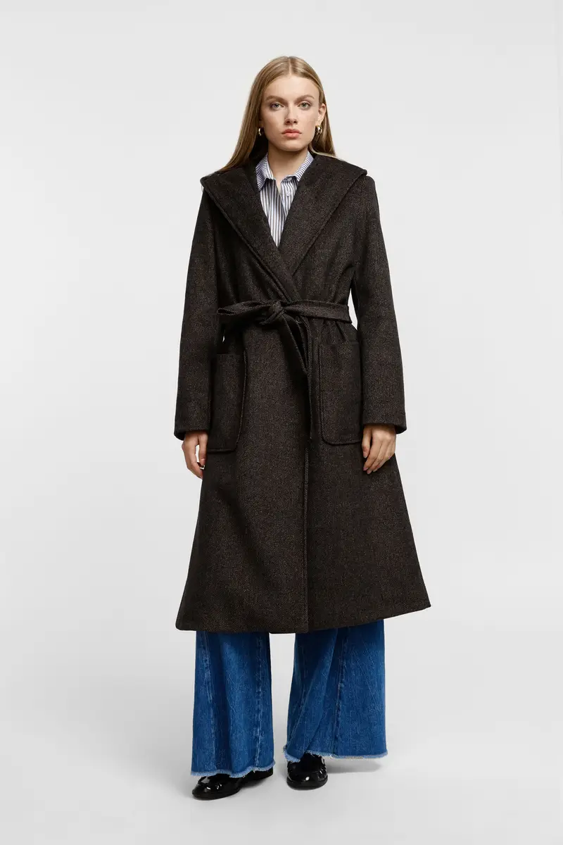 Cappotto lungo con cappuccio e cintura in vita Nero miniatura 2