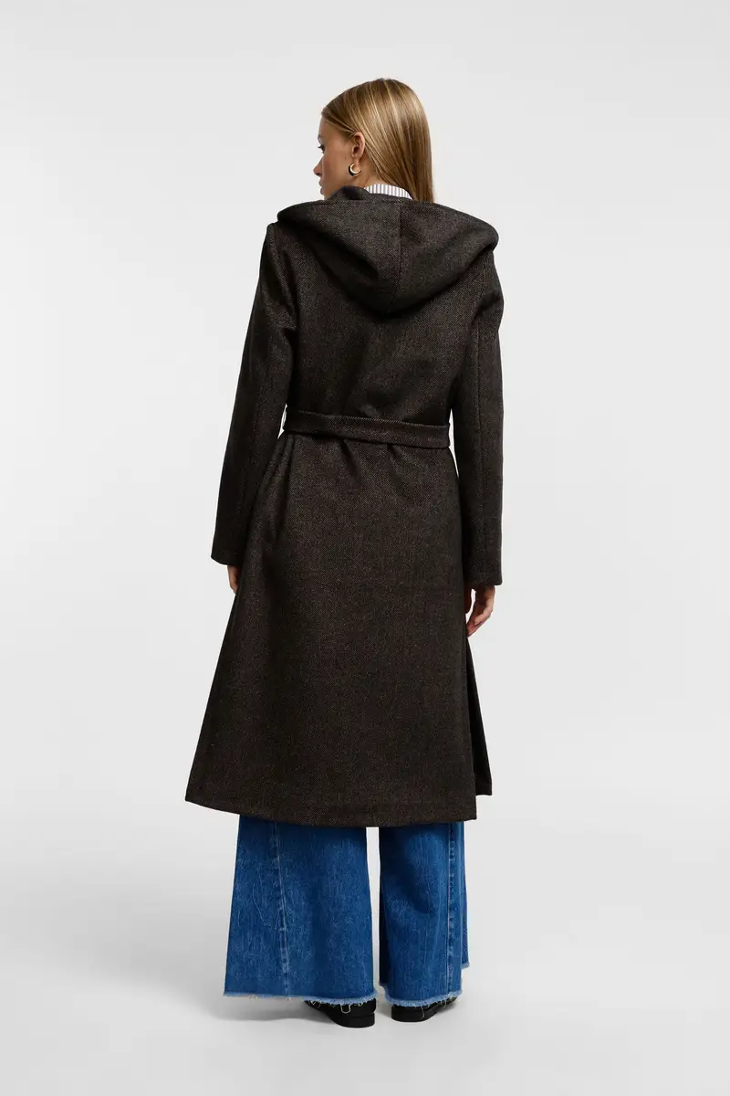 Cappotto lungo con cappuccio e cintura in vita Nero miniatura 3