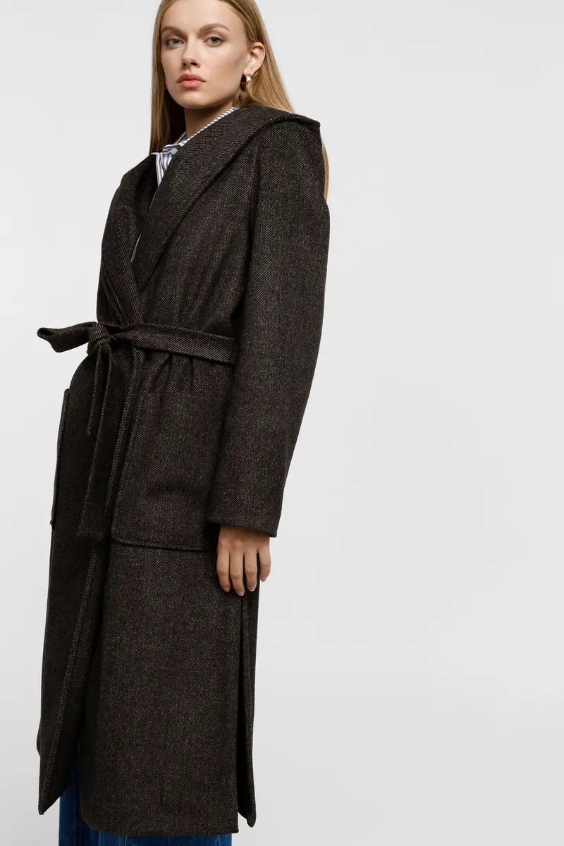 Cappotto lungo con cappuccio e cintura in vita Nero miniatura 4