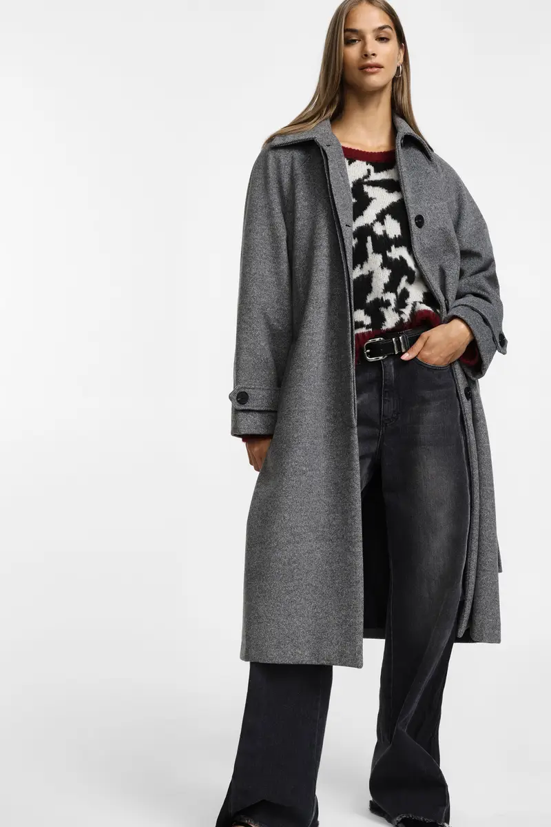 Cappotto lungo con cintura Grigio melange miniatura 2