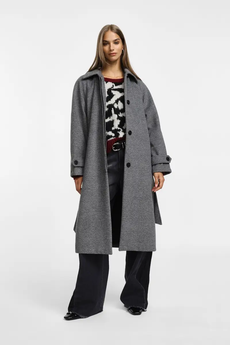 Cappotto lungo con cintura Grigio melange miniatura 3