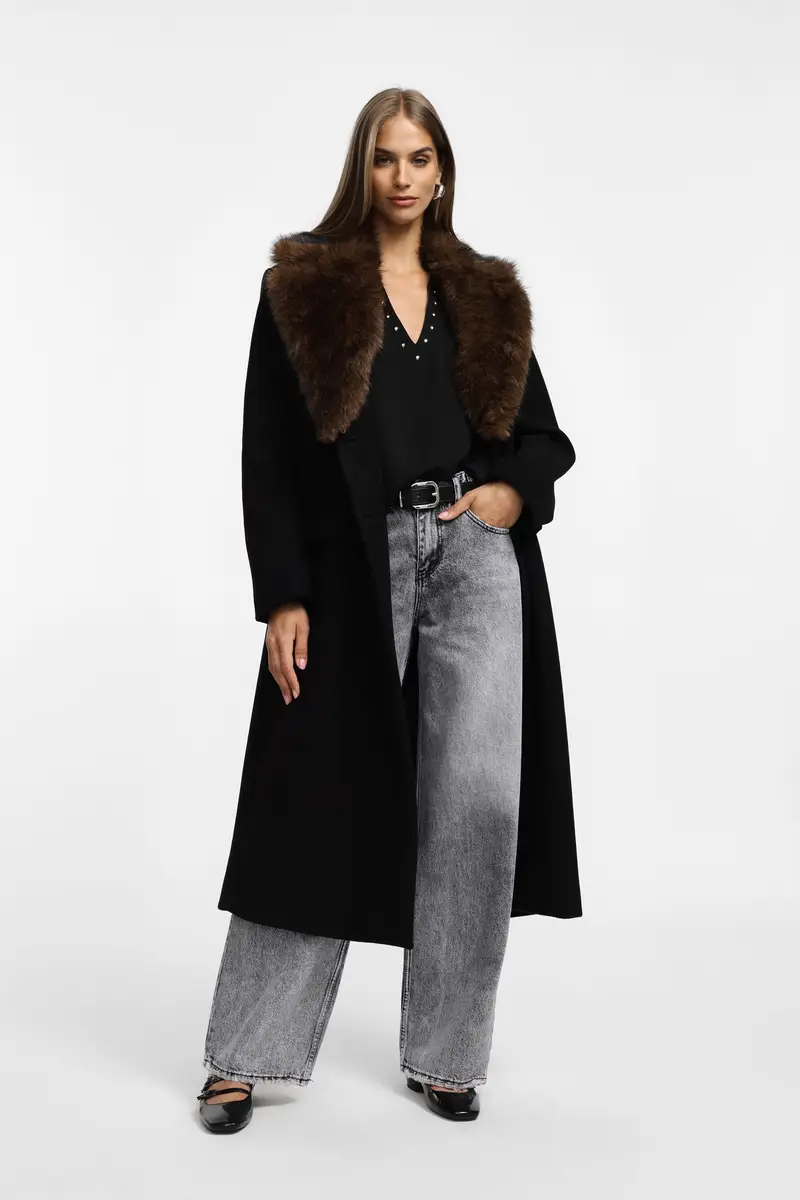 Cappotto lungo con colletto ampio Nero miniatura 2