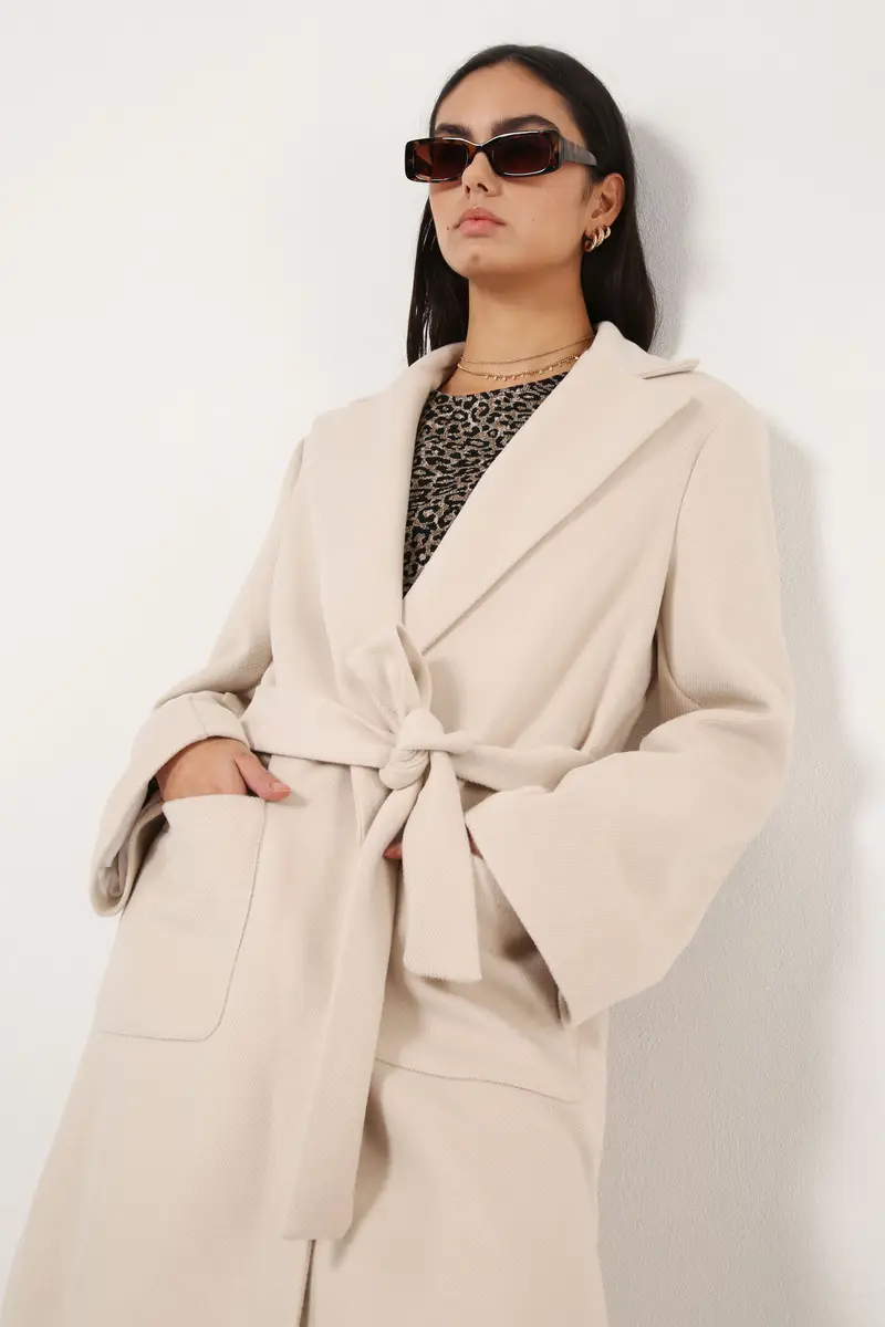 Cappotto lungo con spacchi laterali Beige miniatura 4