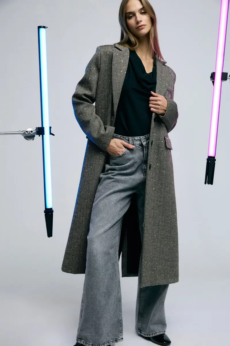 Cappotto lungo fantasia spigata con tasche a patta Cammello miniatura 2