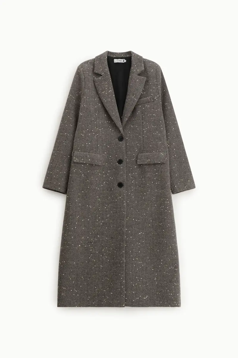 Cappotto lungo fantasia spigata con tasche a patta Cammello