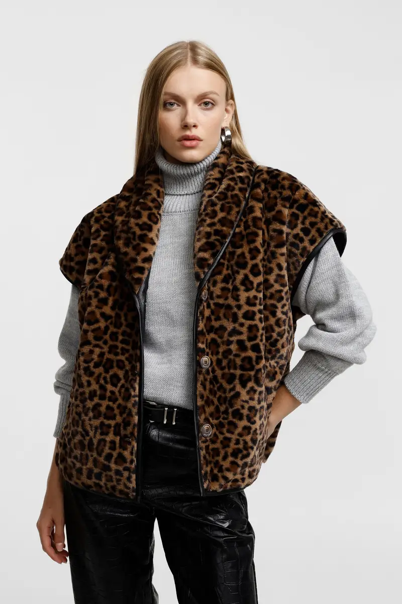 Cappotto smanicato con maxi revers e stampa animalier Beige miniatura 2