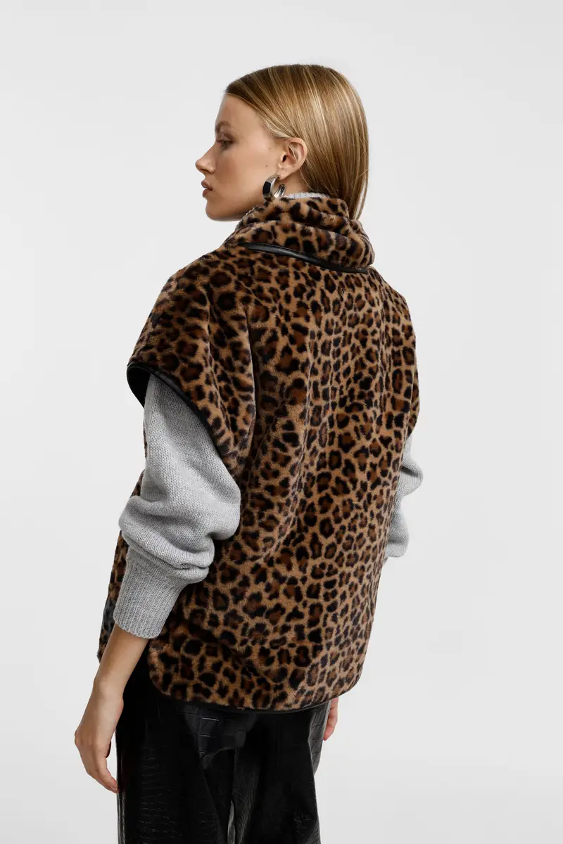 Cappotto smanicato con maxi revers e stampa animalier Beige miniatura 3