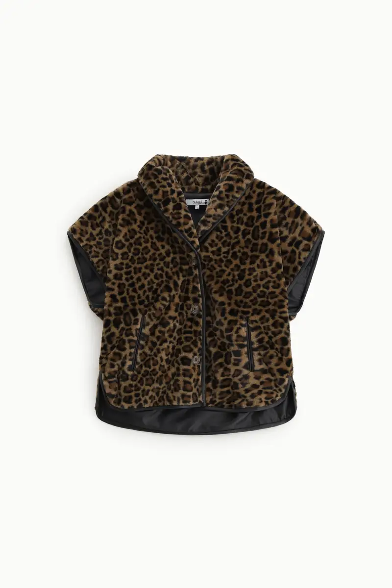 Cappotto smanicato con maxi revers e stampa animalier Beige