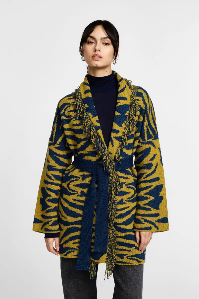 Cappotto stampa animalier cintura e frange Olio miniatura 2