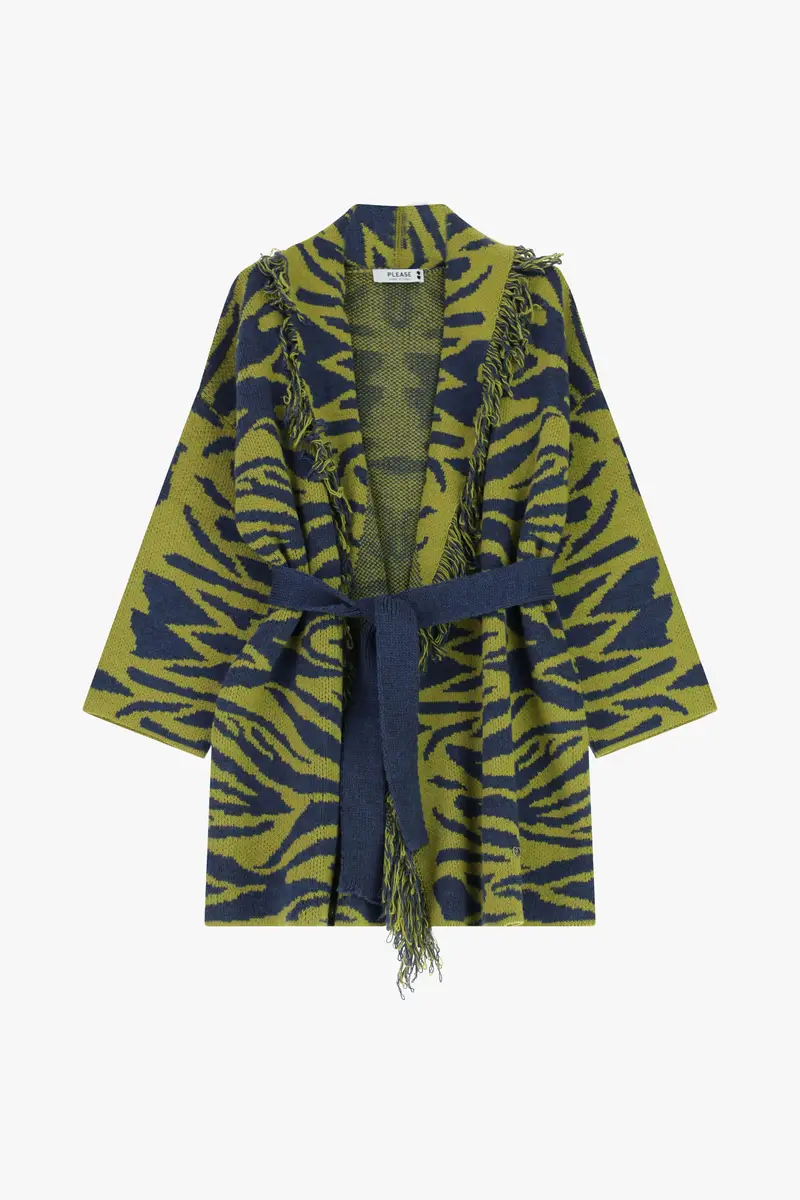 Cappotto stampa animalier cintura e frange Olio