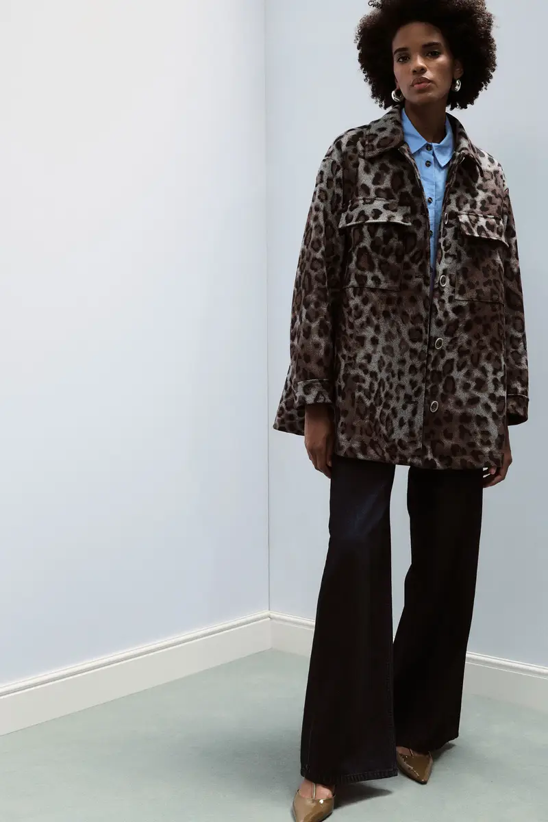 Cappotto taglio dritto stampa leopardata tasche frontali Grigio miniatura 2