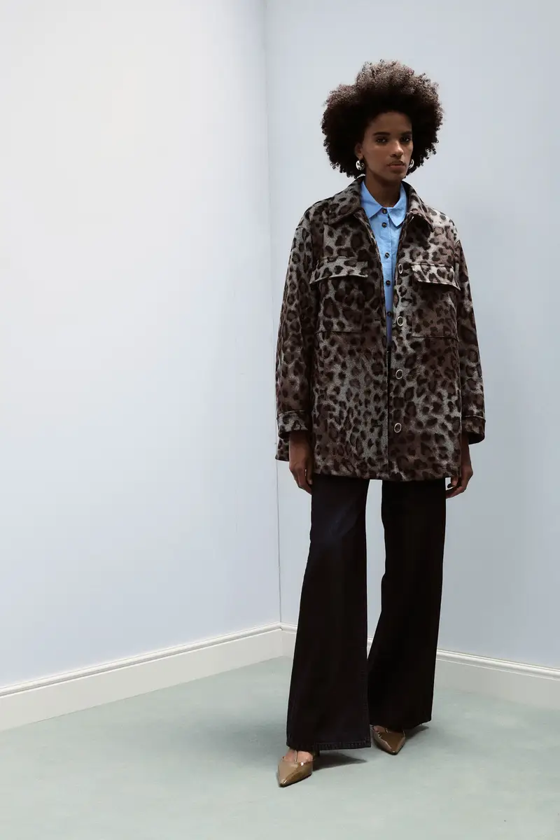 Cappotto taglio dritto stampa leopardata tasche frontali Grigio miniatura 3