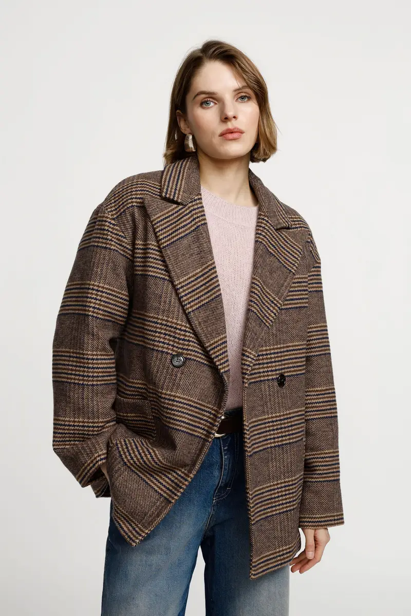 Cappotto taglio oversize motivo check ampio collo Fango miniatura 2