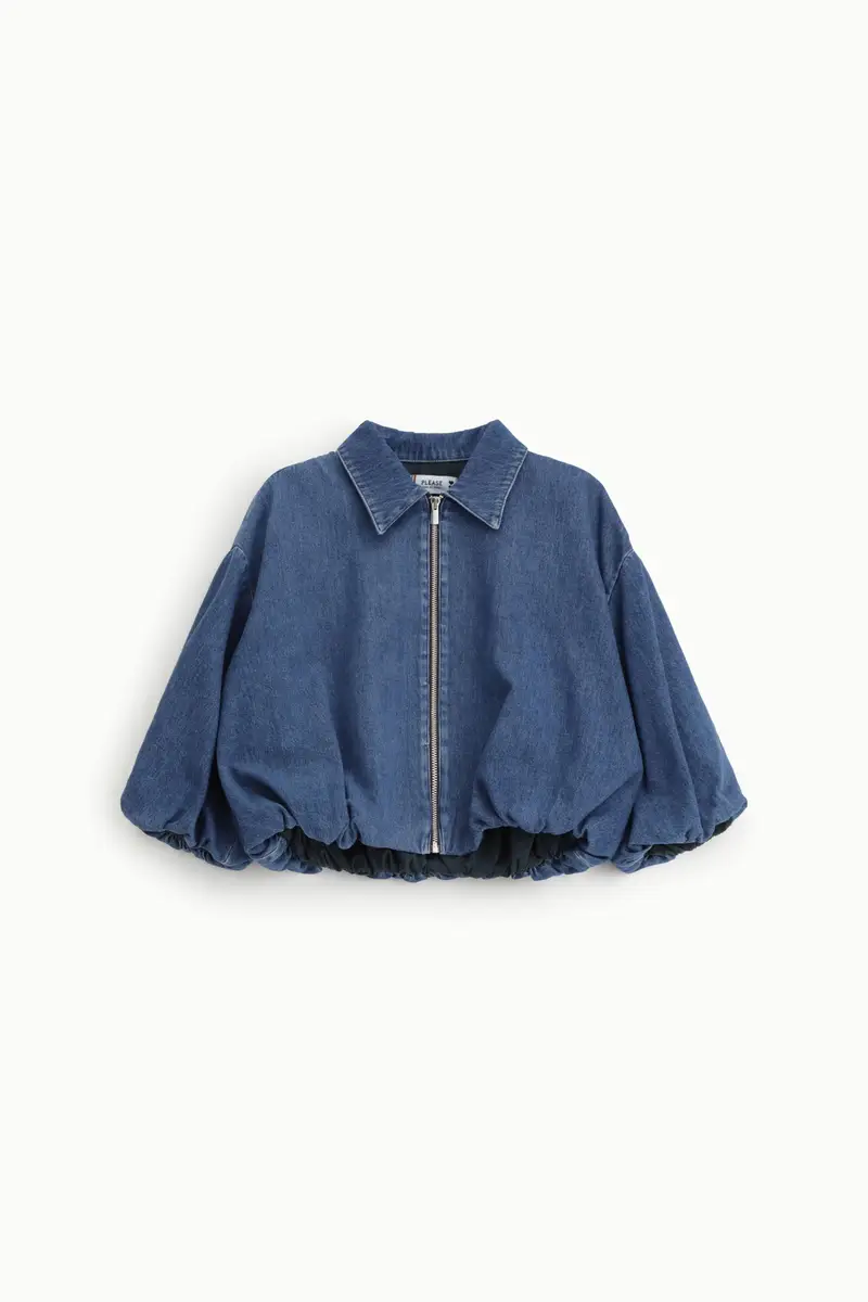 Denim jacket corta con zip e maniche balloon Blu denim