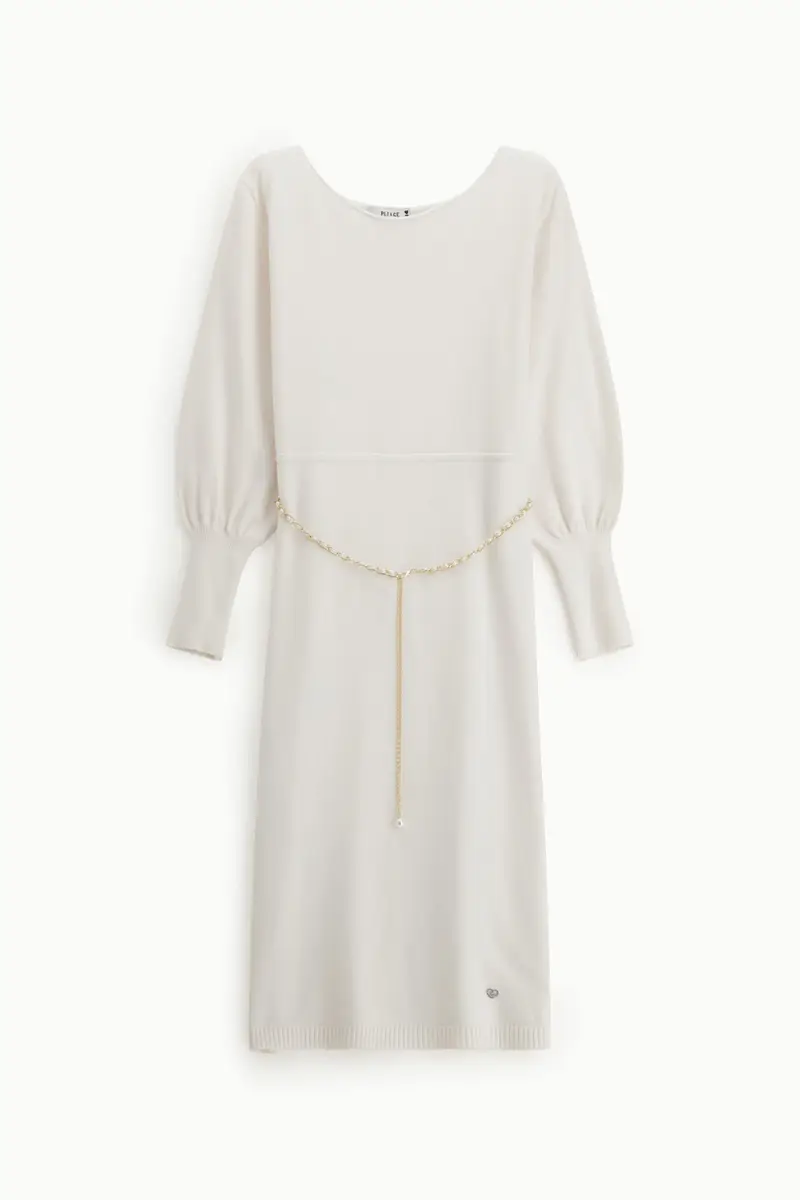 Dress a coste con cintura e maniche lunghe Panna