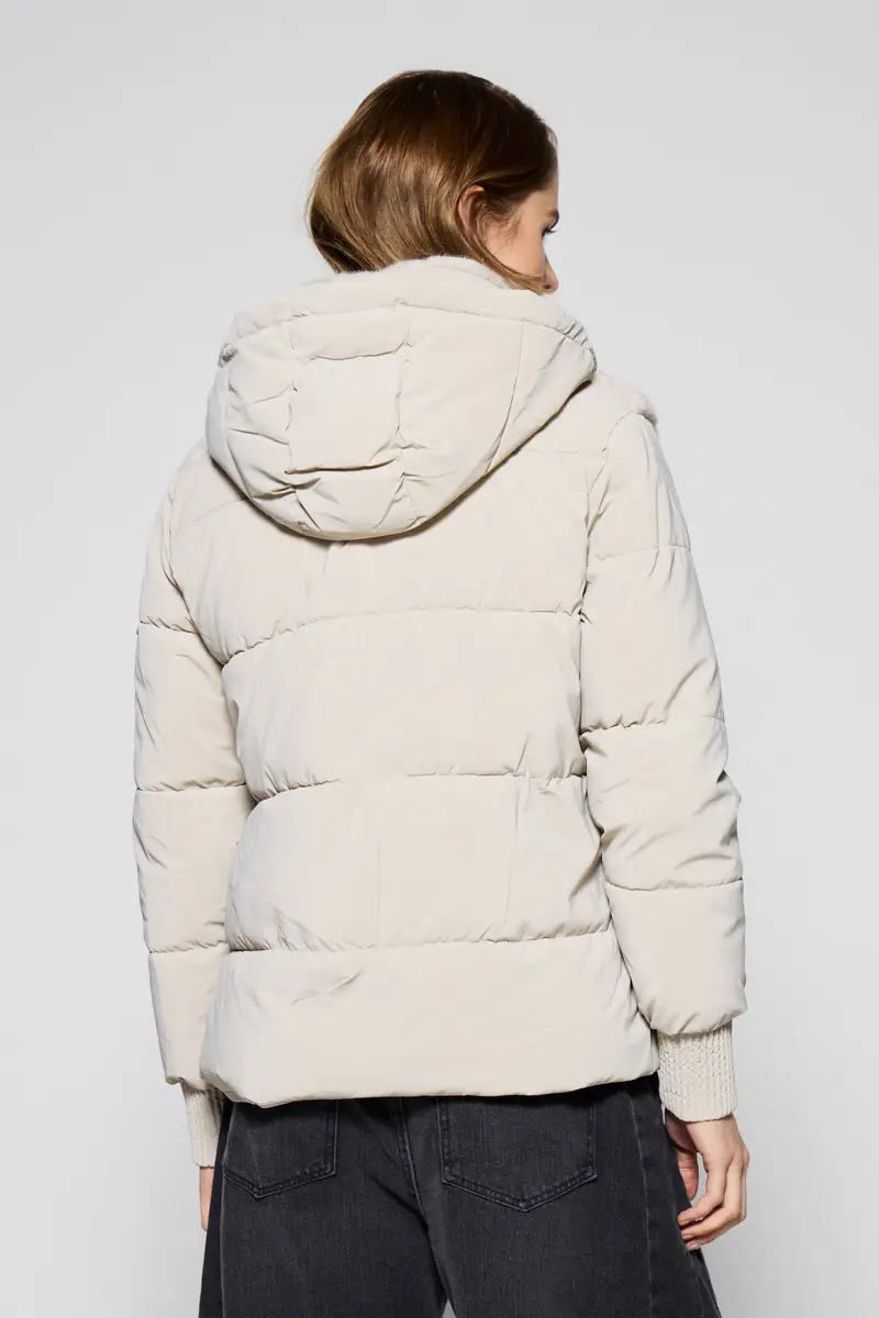 Eco-fur con cappuccio e chiusura zip Beige miniatura 3