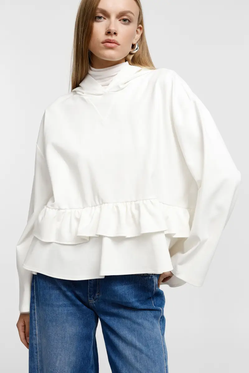 Felpa con cappuccio e balze sul fondo Bianco