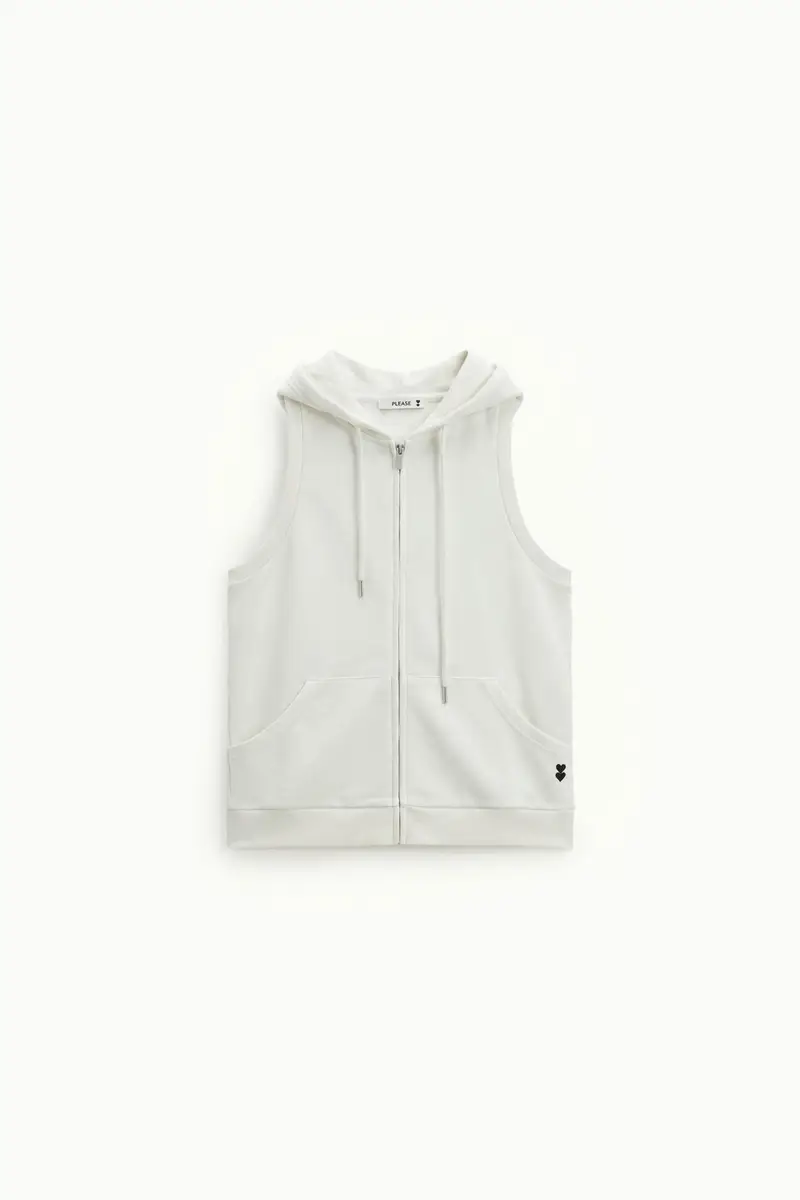 Felpa con cappuccio senza maniche zip frontale Panna