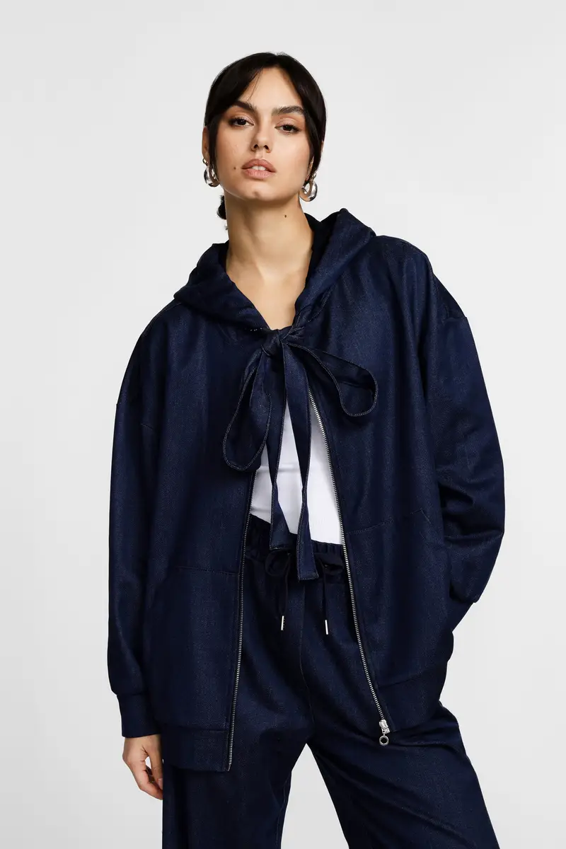 Felpa con cappuccio zip e fiocco frontale Blu denim