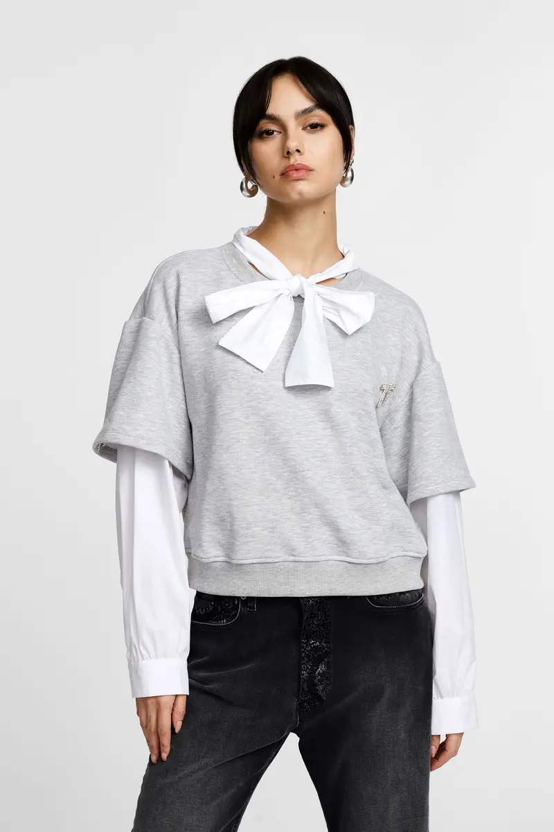 Felpa dettaglio fiocco e maniche a contrasto Grigio chiaro