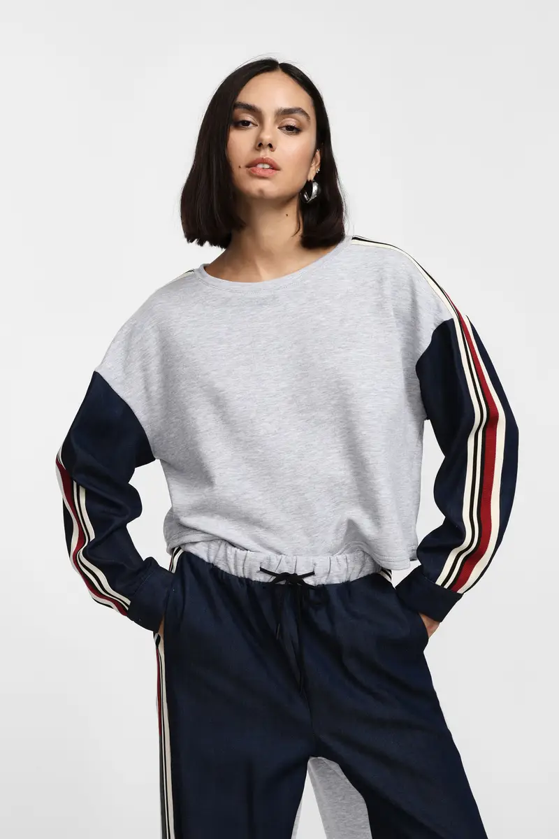Felpa girocollo con maniche a blocchi e strisce Grigio chiaro