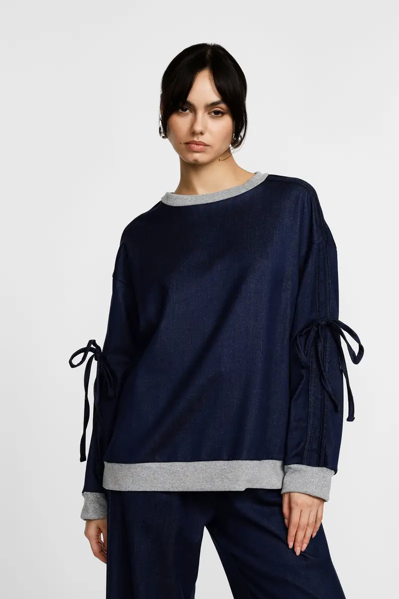 Felpa girocollo con polsini a contrasto e fiocchi Blu denim