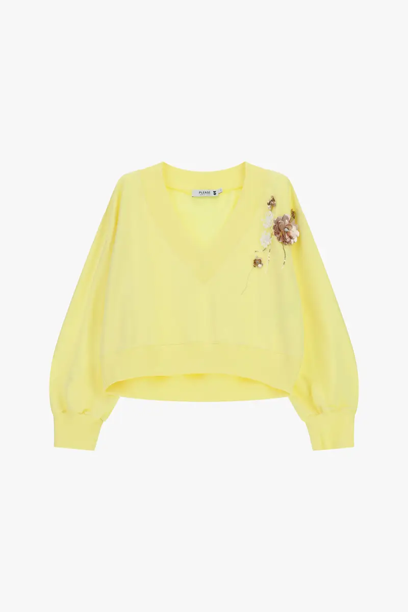 Felpa senza cappuccio con dettagli floreali e scollo a v Giallo chiaro