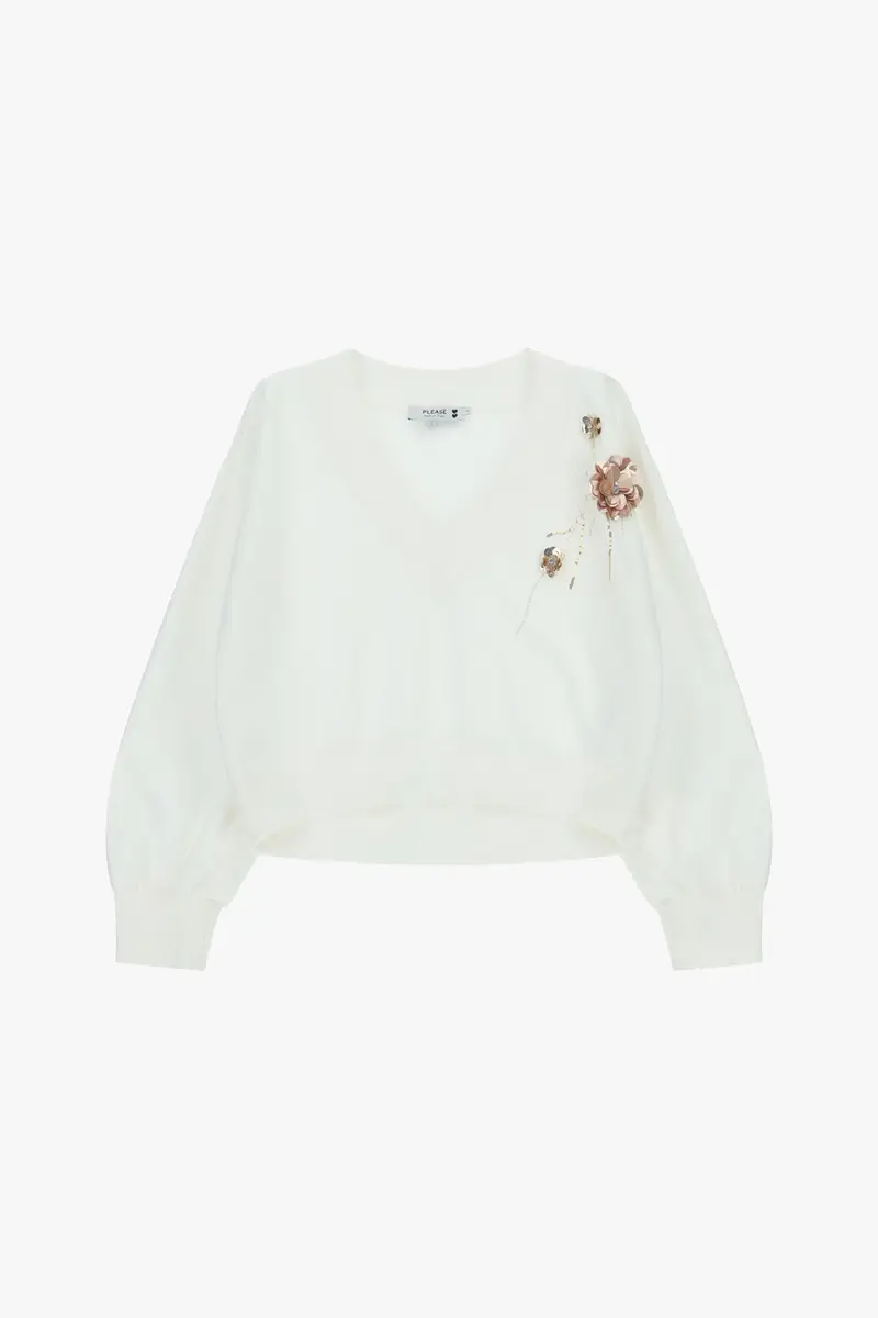 Felpa senza cappuccio con dettagli floreali e scollo a v Panna