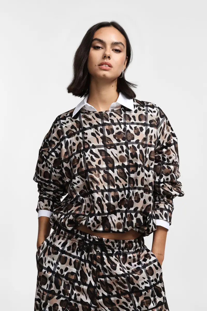 Felpa senza cappuccio stampa animalier geometrica Nero