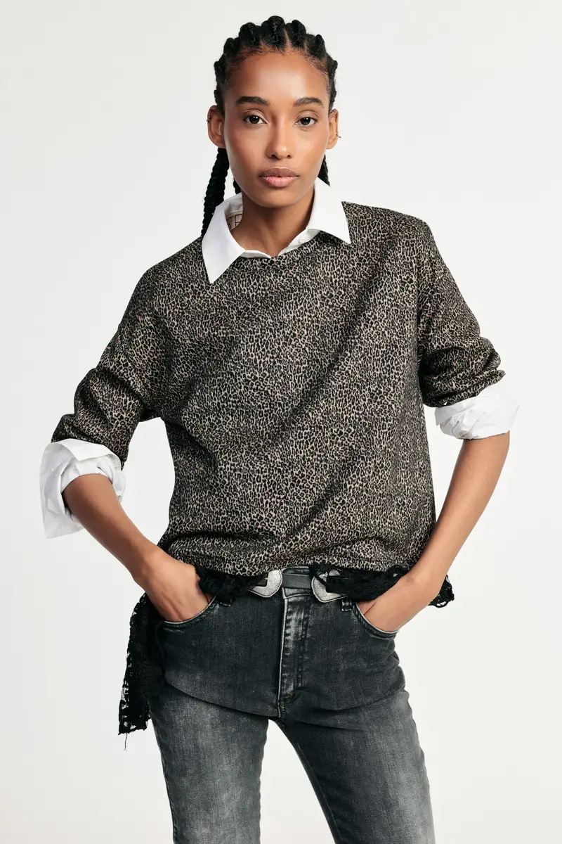 Felpa stampa animalier con bordo in pizzo asimmetrico Moro