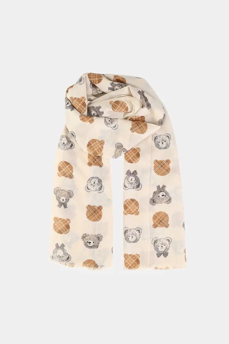 Foulard rettangolare con motivo orsetti e frange Panna miniatura 2