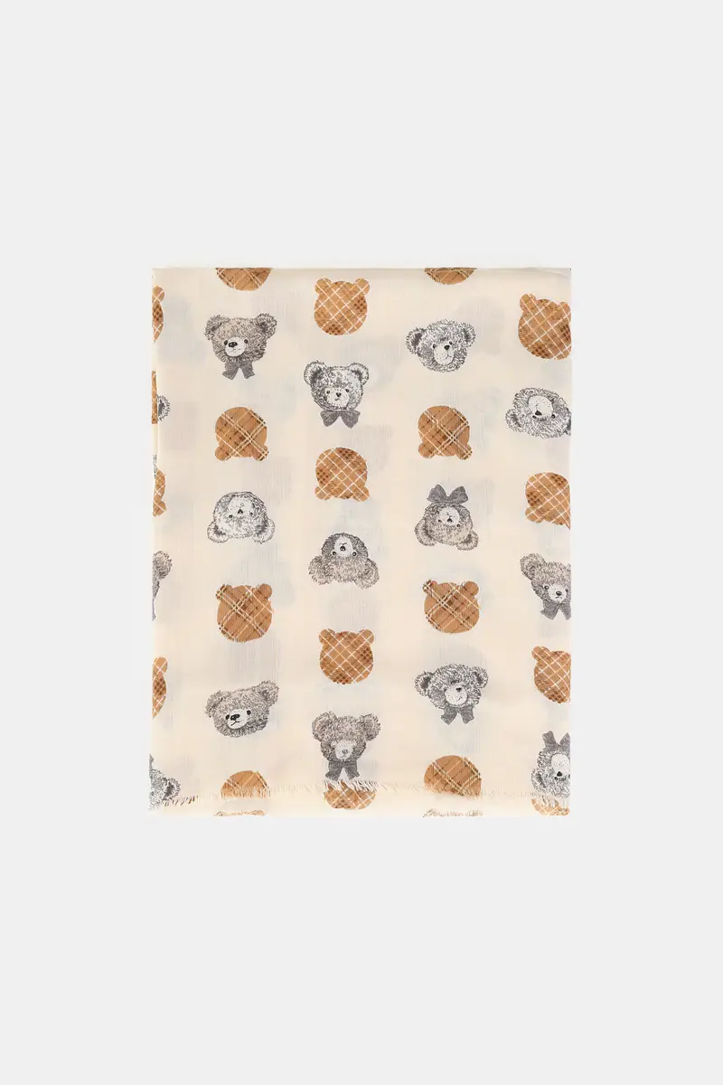 Foulard rettangolare con motivo orsetti e frange Panna