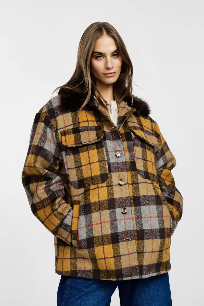 Giacca camicia check con tasche e colletto in pelliccia Giallo miniatura 2