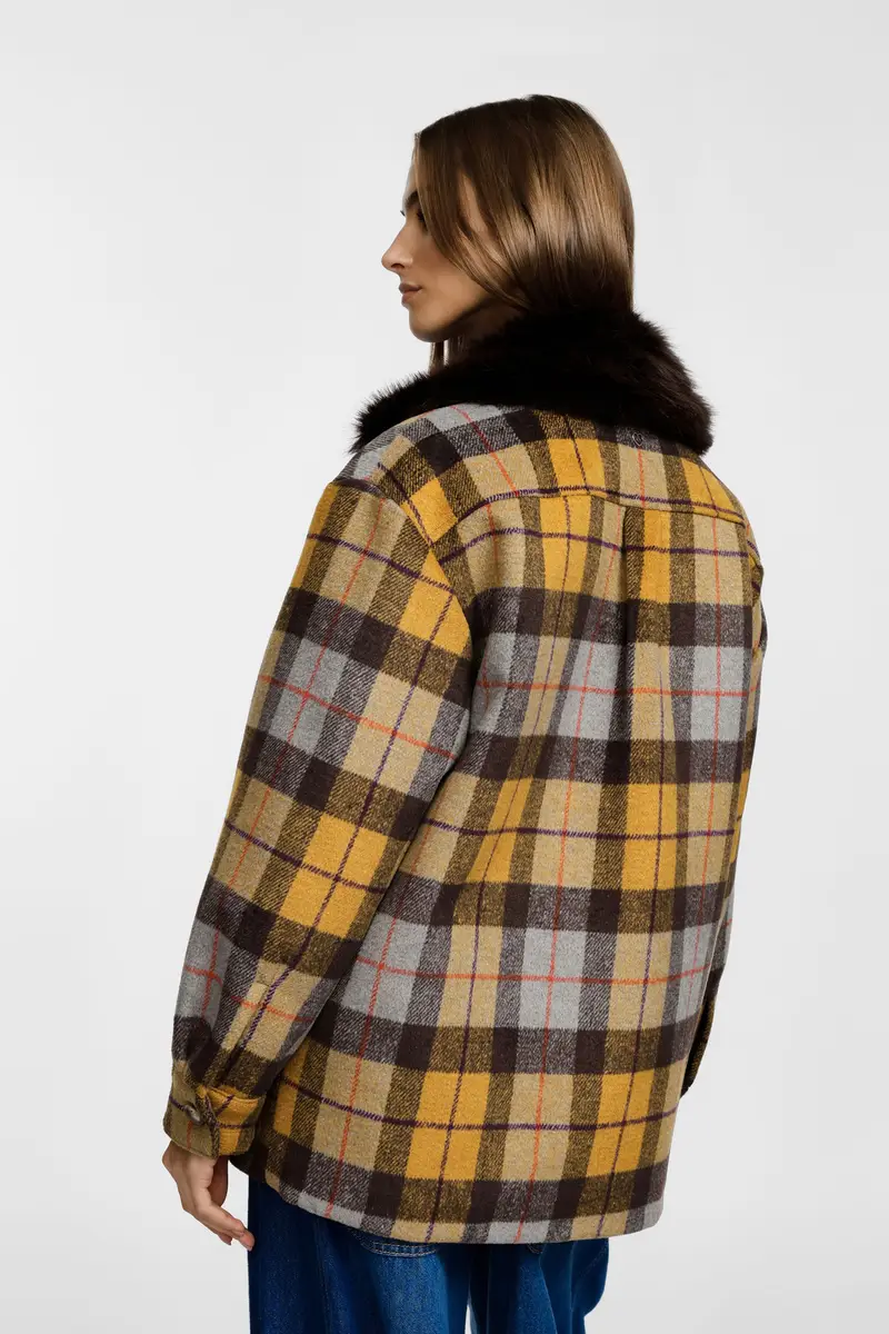 Giacca camicia check con tasche e colletto in pelliccia Giallo miniatura 3
