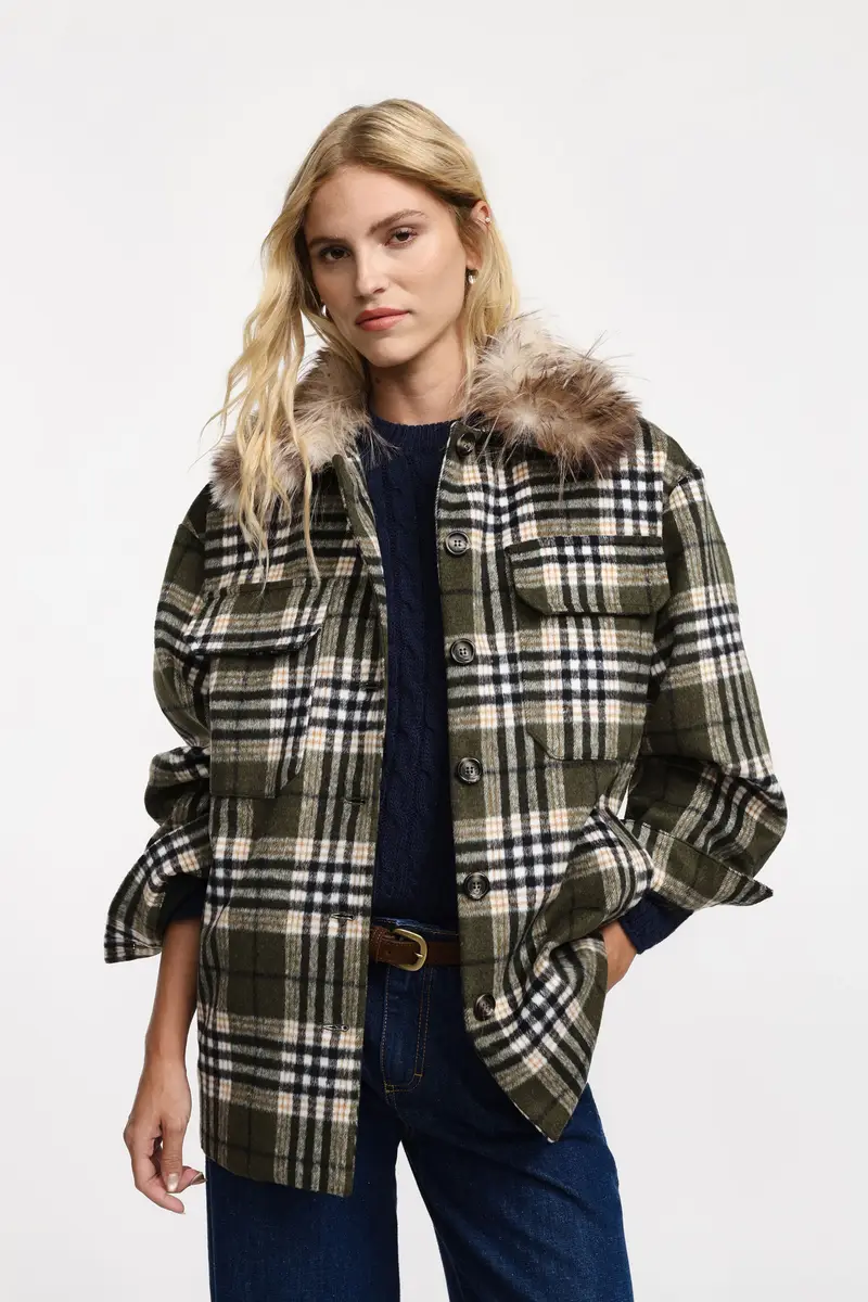 Giacca camicia con colletto in pelliccia Verde miniatura 2