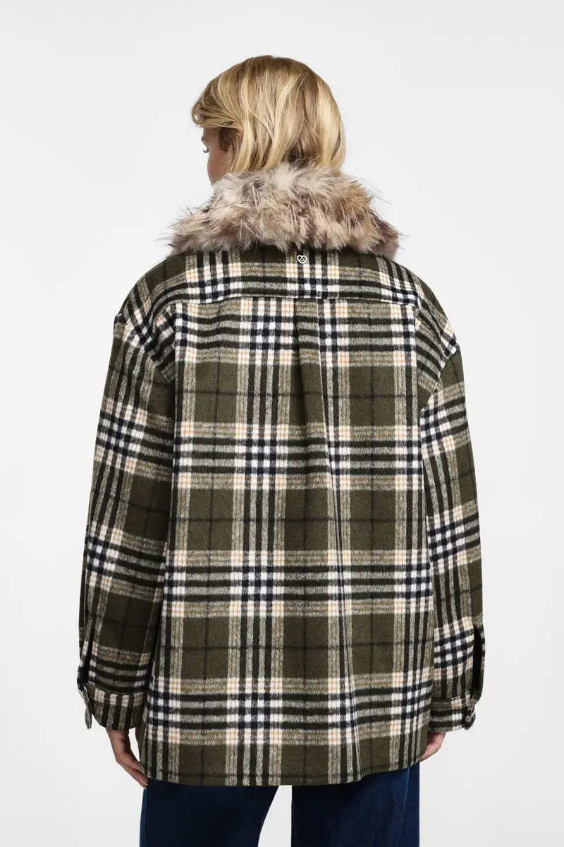 Giacca camicia con colletto in pelliccia Verde miniatura 3