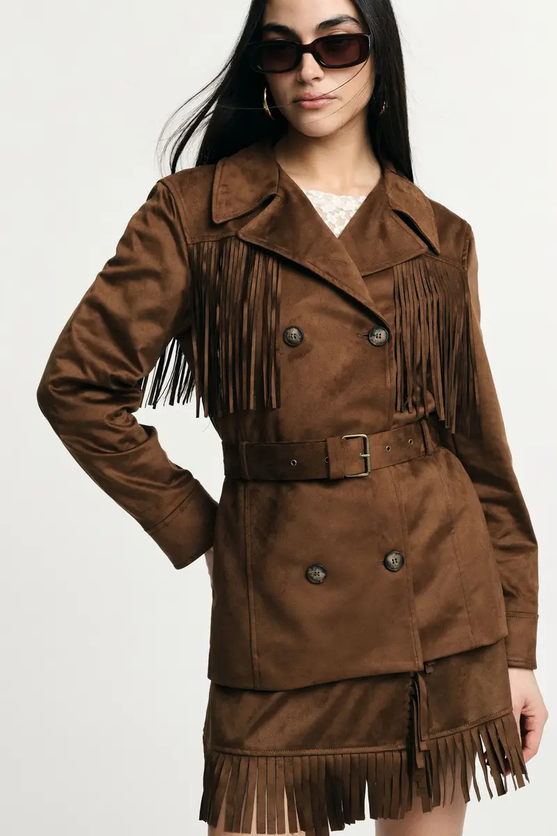 Giacca camicia con frange doppio petto cintura Marrone miniatura 2
