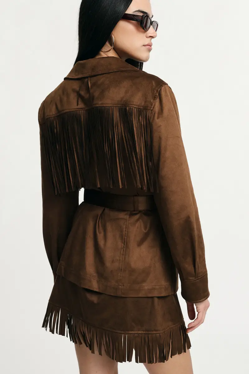 Giacca camicia con frange doppio petto cintura Marrone miniatura 3