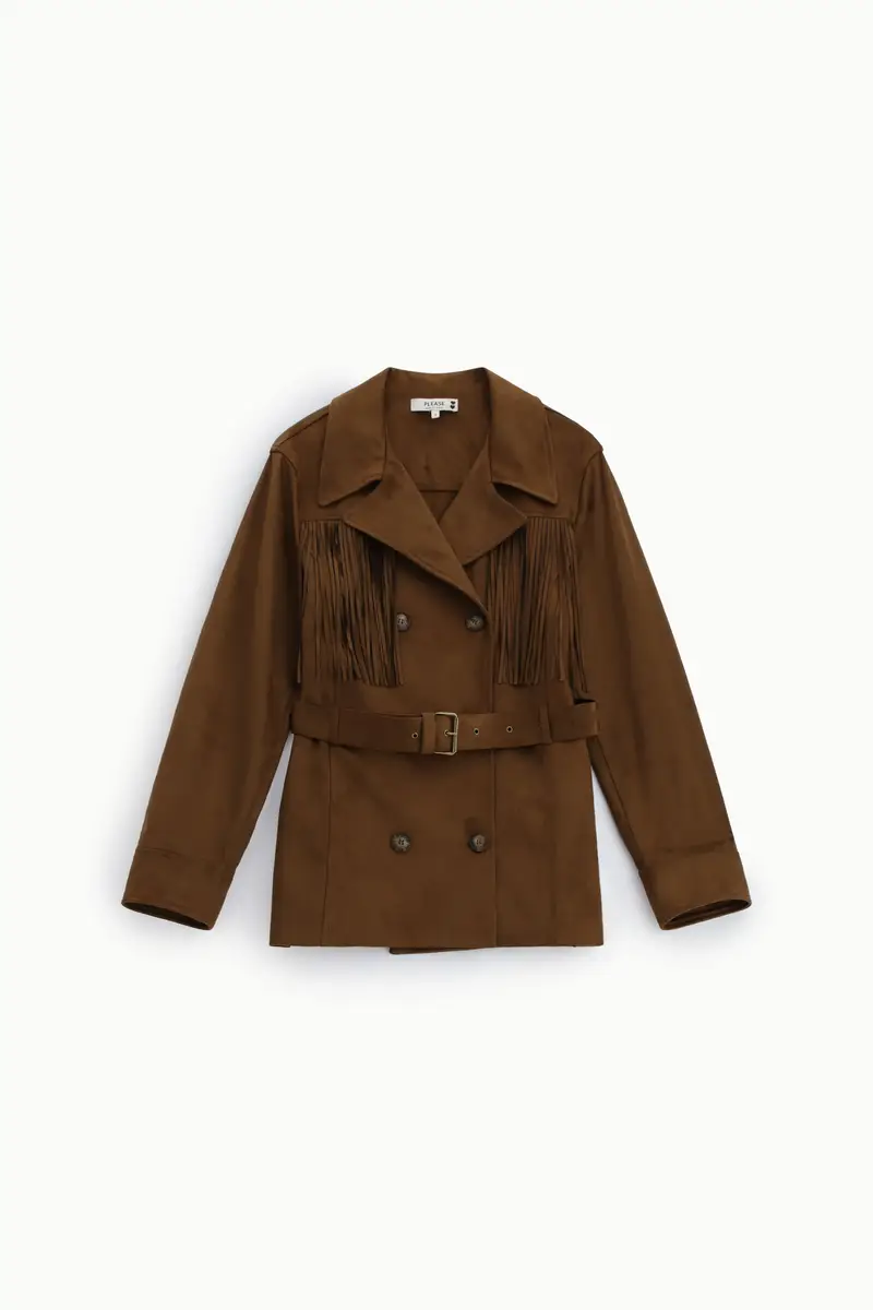 Giacca camicia con frange doppio petto cintura Marrone