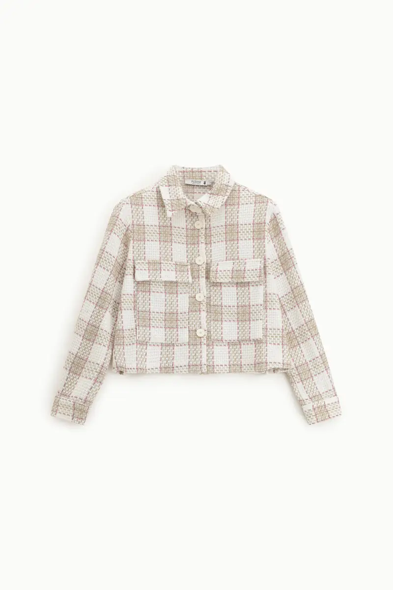 Giacca camicia stampa check con tasche frontali Panna