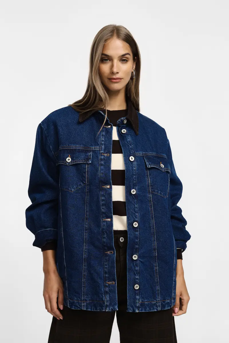 Giacca denim con colletto a contrasto Blu denim miniatura 2