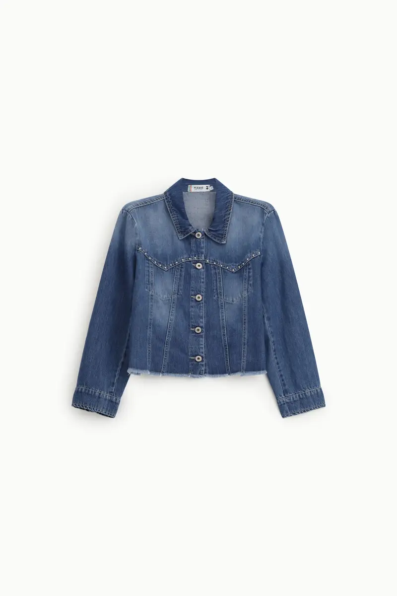 Giacca denim corta con orlo sfrangiato Blu denim