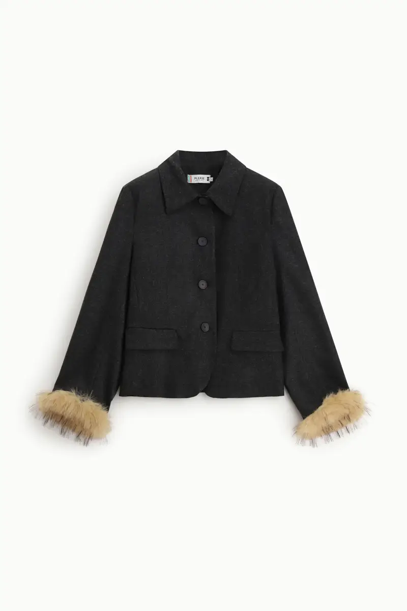 Giacca eco-fur corta con bottoni e polsini pelosi Grigio scuro