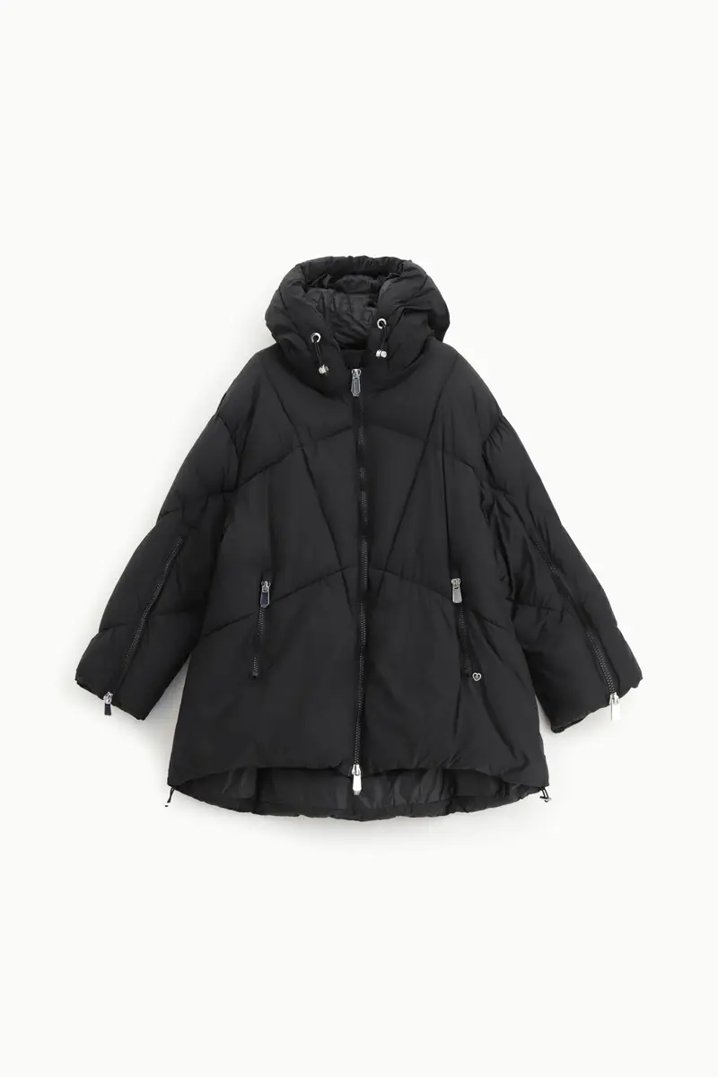 Giacca imbottita oversize con cappuccio e zip Nero