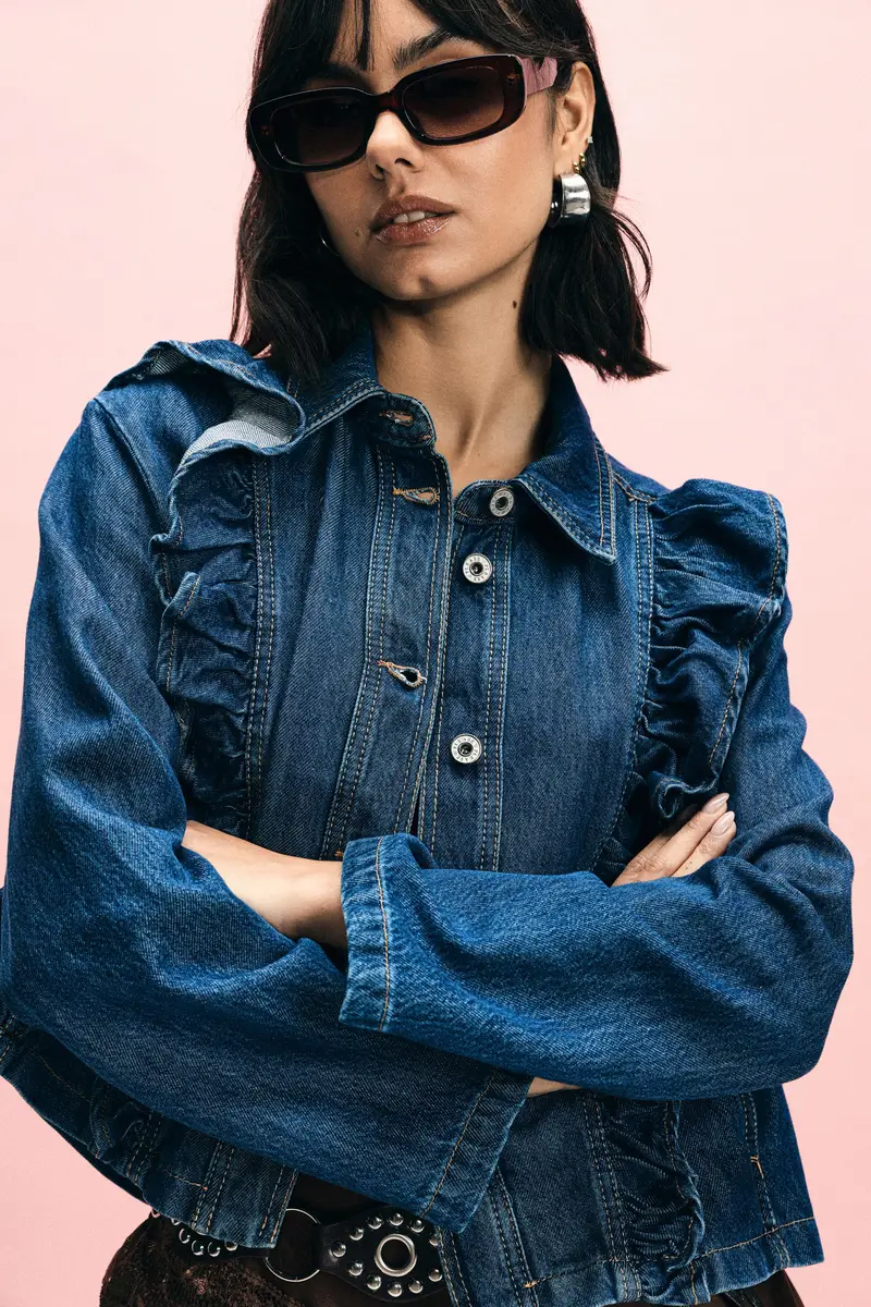 Giacca in denim con volant frontali e bottoni Blu denim miniatura 2