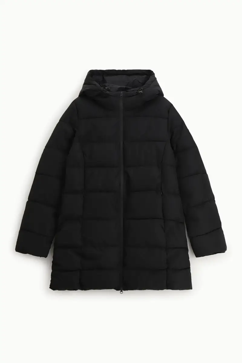 Giacca trapuntata lunga con cappuccio integrato Nero